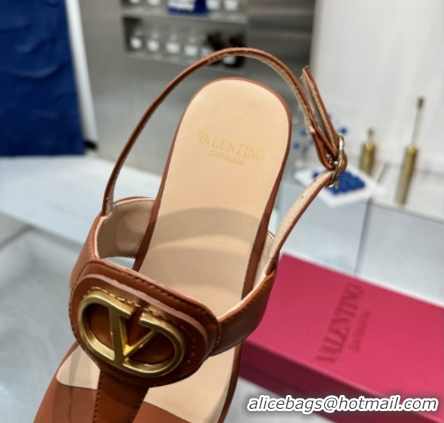 Classic Hot Valentino Vlogo Signature Flat Thong Sandals in Calfskin Brown 0902056