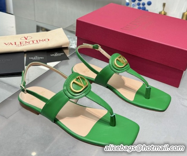 Best Grade Valentino Vlogo Signature Flat Thong Sandals in Calfskin Green 0902057