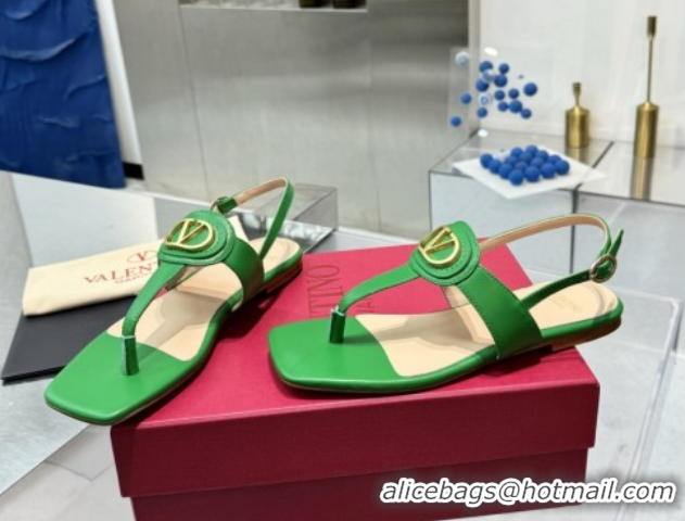 Best Grade Valentino Vlogo Signature Flat Thong Sandals in Calfskin Green 0902057