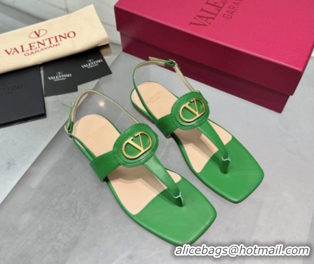 Best Grade Valentino Vlogo Signature Flat Thong Sandals in Calfskin Green 0902057