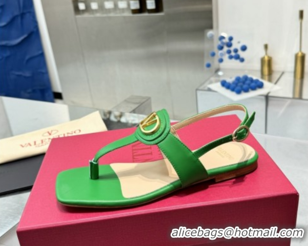Best Grade Valentino Vlogo Signature Flat Thong Sandals in Calfskin Green 0902057