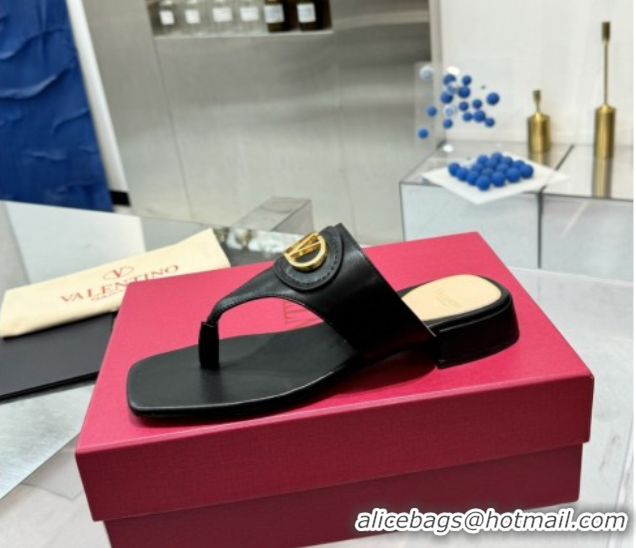 Luxury Valentino Vlogo Signature Flat Thong Slides Sandal in Calfskin Black 0902058