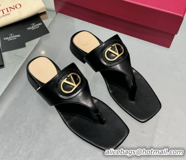 Luxury Valentino Vlogo Signature Flat Thong Slides Sandal in Calfskin Black 0902058