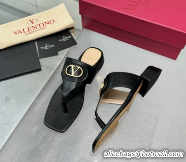 Luxury Valentino Vlogo Signature Flat Thong Slides Sandal in Calfskin Black 0902058