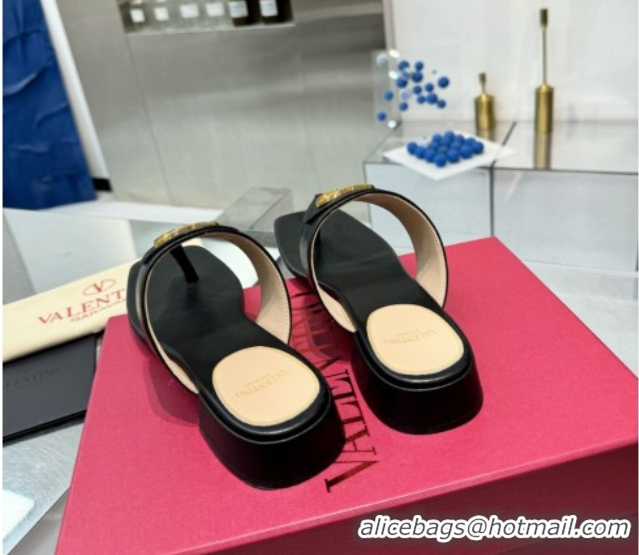 Luxury Valentino Vlogo Signature Flat Thong Slides Sandal in Calfskin Black 0902058