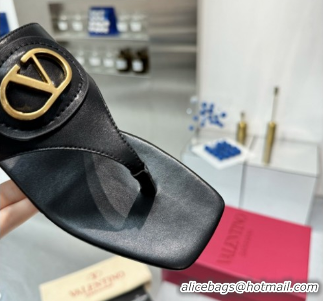 Luxury Valentino Vlogo Signature Flat Thong Slides Sandal in Calfskin Black 0902058
