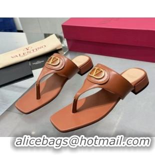 Low Price Valentino Vlogo Signature Flat Thong Slides Sandal in Calfskin Brown 0902060