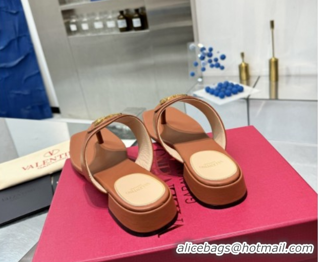 Low Price Valentino Vlogo Signature Flat Thong Slides Sandal in Calfskin Brown 0902060