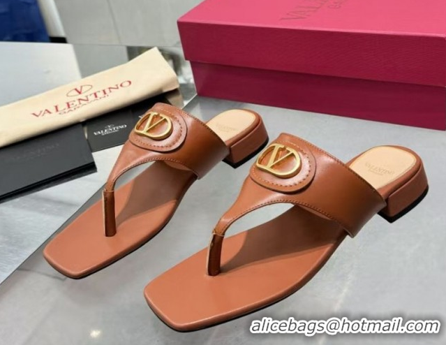 Low Price Valentino Vlogo Signature Flat Thong Slides Sandal in Calfskin Brown 0902060