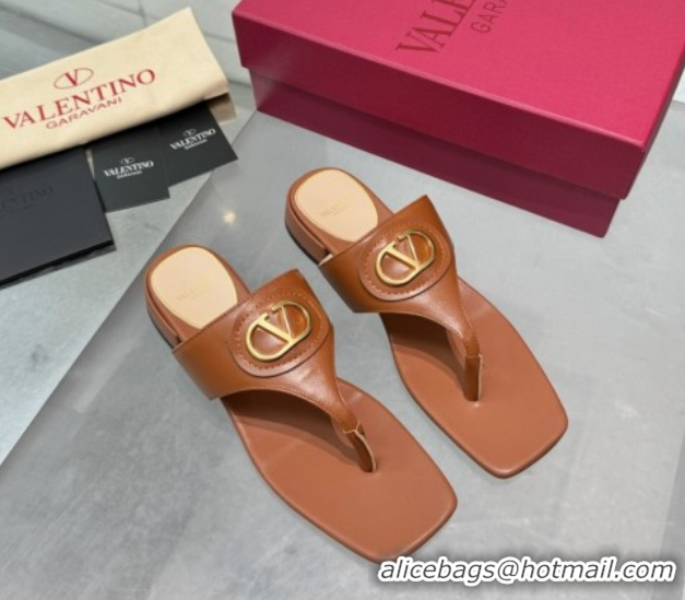 Low Price Valentino Vlogo Signature Flat Thong Slides Sandal in Calfskin Brown 0902060