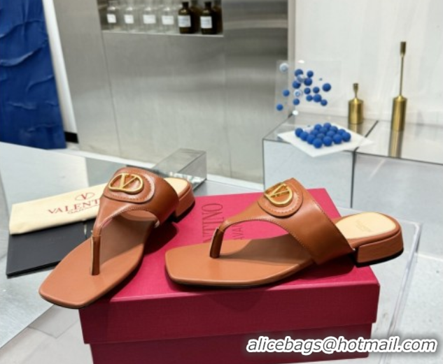 Low Price Valentino Vlogo Signature Flat Thong Slides Sandal in Calfskin Brown 0902060