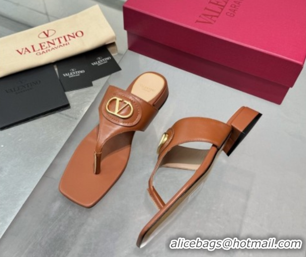 Low Price Valentino Vlogo Signature Flat Thong Slides Sandal in Calfskin Brown 0902060