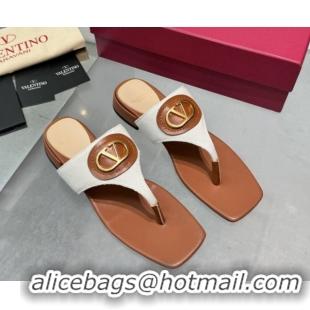 Best Product Valentino Vlogo Signature Flat Thong Slides Sandal in Canvas and Leather Brown 0902062