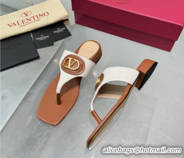 Best Product Valentino Vlogo Signature Flat Thong Slides Sandal in Canvas and Leather Brown 0902062