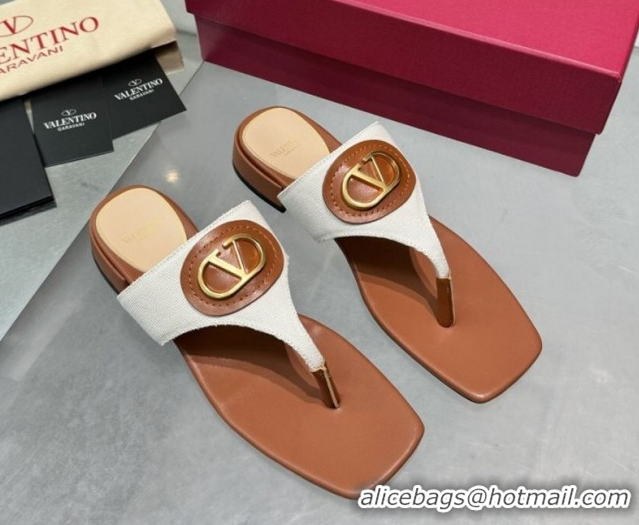 Best Product Valentino Vlogo Signature Flat Thong Slides Sandal in Canvas and Leather Brown 0902062