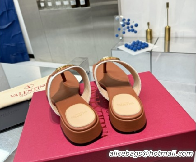 Best Product Valentino Vlogo Signature Flat Thong Slides Sandal in Canvas and Leather Brown 0902062