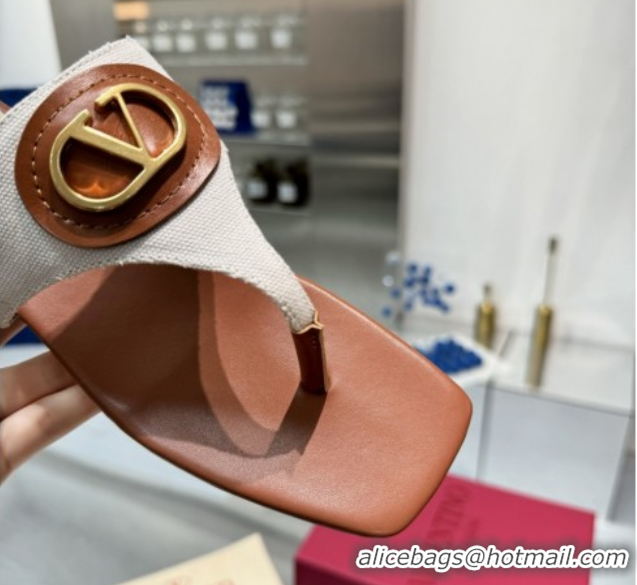 Best Product Valentino Vlogo Signature Flat Thong Slides Sandal in Canvas and Leather Brown 0902062