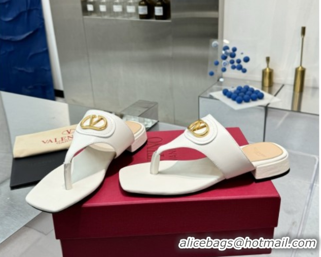 Popular Style Valentino Vlogo Signature Flat Thong Slides Sandal in Calfskin White 0902063