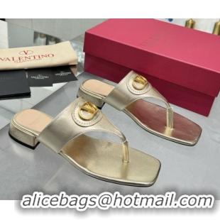 Discount Fashion Valentino Vlogo Signature Flat Thong Slides Sandal in Calfskin Gold 0902064