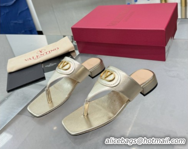 Discount Fashion Valentino Vlogo Signature Flat Thong Slides Sandal in Calfskin Gold 0902064