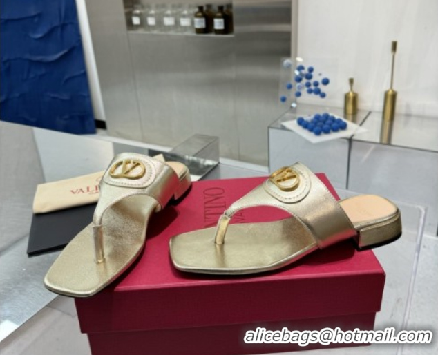 Discount Fashion Valentino Vlogo Signature Flat Thong Slides Sandal in Calfskin Gold 0902064
