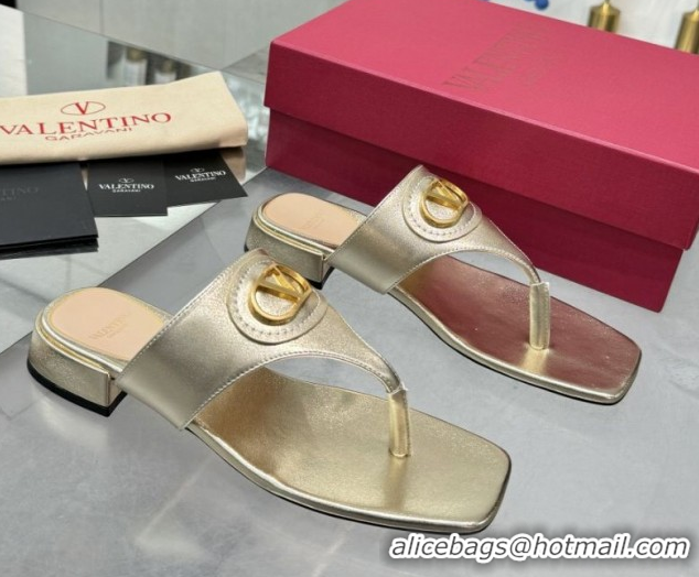 Discount Fashion Valentino Vlogo Signature Flat Thong Slides Sandal in Calfskin Gold 0902064