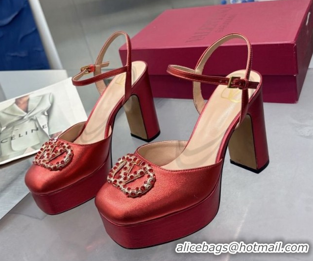 Top Design Valentino Vlogo Signature Platform Pumps 11cm with Strass in Laminated Nappa Leather Red 0902065