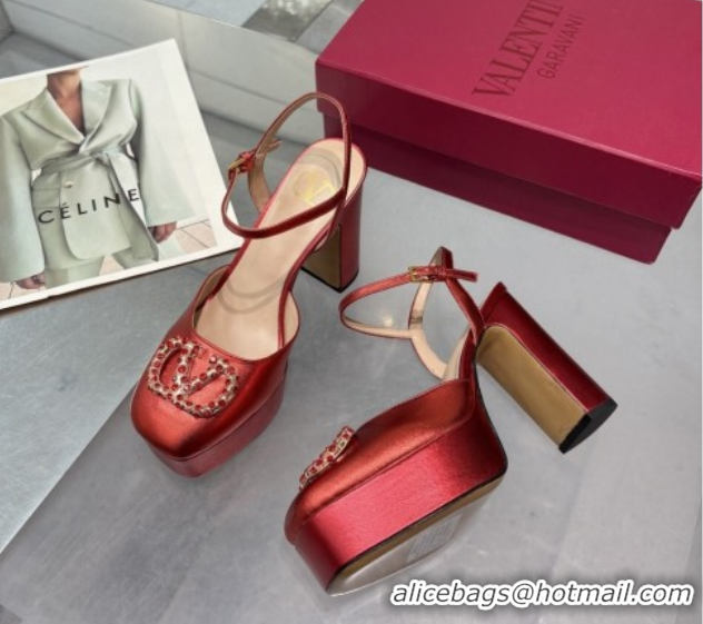 Top Design Valentino Vlogo Signature Platform Pumps 11cm with Strass in Laminated Nappa Leather Red 0902065