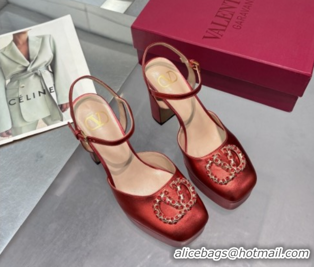 Top Design Valentino Vlogo Signature Platform Pumps 11cm with Strass in Laminated Nappa Leather Red 0902065