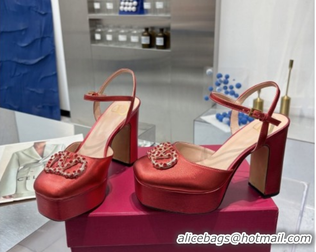 Top Design Valentino Vlogo Signature Platform Pumps 11cm with Strass in Laminated Nappa Leather Red 0902065
