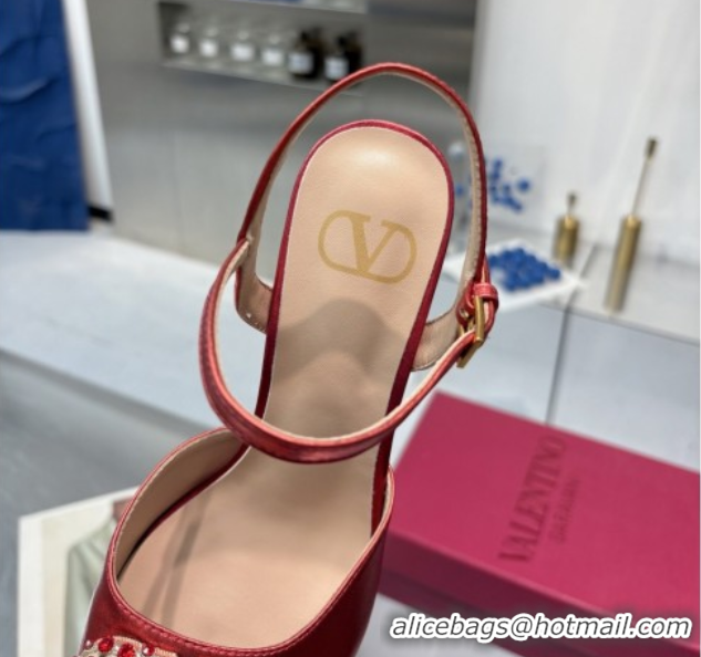Top Design Valentino Vlogo Signature Platform Pumps 11cm with Strass in Laminated Nappa Leather Red 0902065