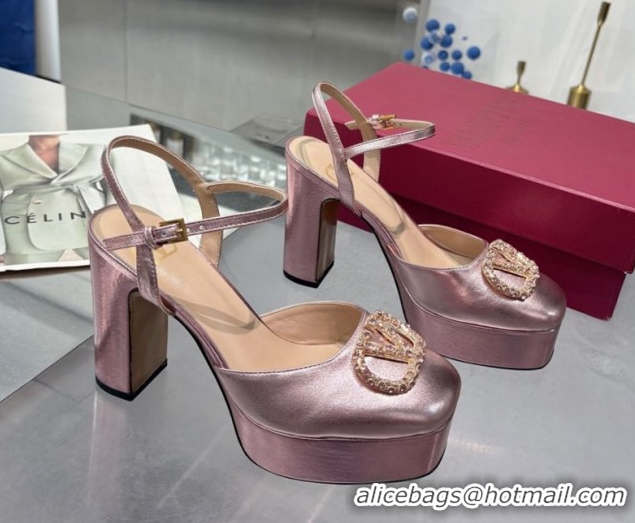 Good Looking Valentino Vlogo Signature Platform Pumps 11cm with Strass in Laminated Nappa Leather Pink 0902067