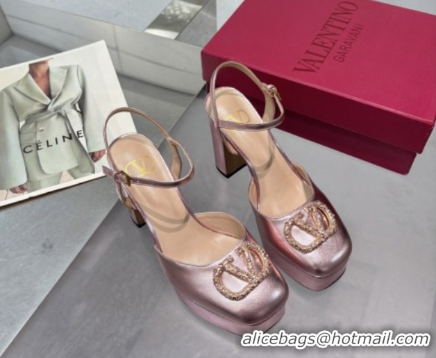 Good Looking Valentino Vlogo Signature Platform Pumps 11cm with Strass in Laminated Nappa Leather Pink 0902067