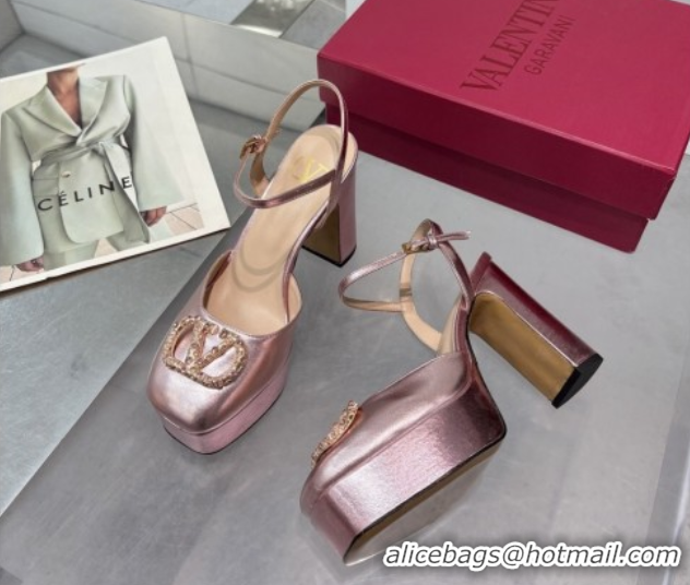 Good Looking Valentino Vlogo Signature Platform Pumps 11cm with Strass in Laminated Nappa Leather Pink 0902067