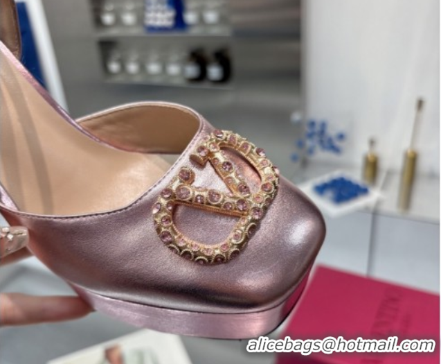 Good Looking Valentino Vlogo Signature Platform Pumps 11cm with Strass in Laminated Nappa Leather Pink 0902067