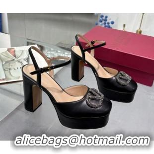Most Popular Valentino Vlogo Signature Platform Pumps 11cm with Strass in Laminated Nappa Leather Black 0902068