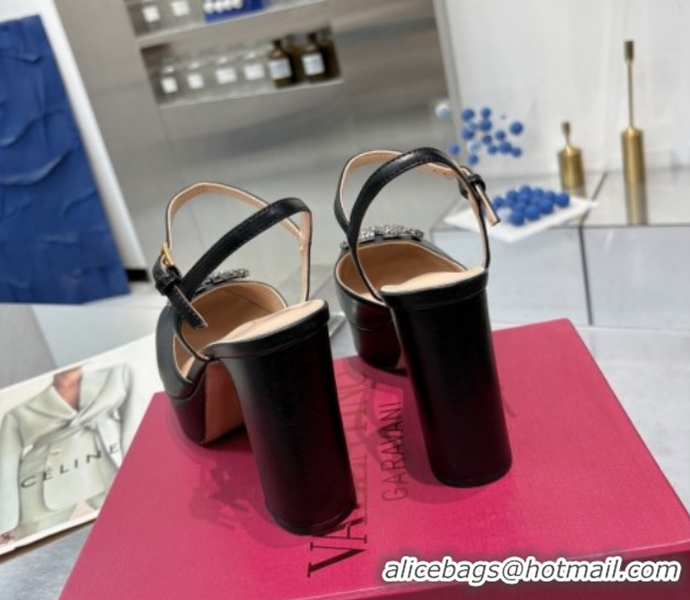Most Popular Valentino Vlogo Signature Platform Pumps 11cm with Strass in Laminated Nappa Leather Black 0902068