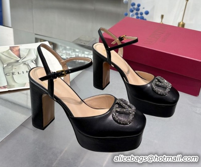 Most Popular Valentino Vlogo Signature Platform Pumps 11cm with Strass in Laminated Nappa Leather Black 0902068