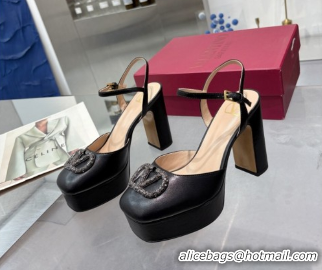 Most Popular Valentino Vlogo Signature Platform Pumps 11cm with Strass in Laminated Nappa Leather Black 0902068