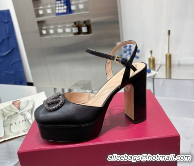 Most Popular Valentino Vlogo Signature Platform Pumps 11cm with Strass in Laminated Nappa Leather Black 0902068