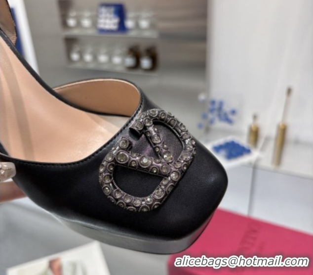 Most Popular Valentino Vlogo Signature Platform Pumps 11cm with Strass in Laminated Nappa Leather Black 0902068