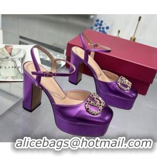 Sumptuous Valentino Vlogo Signature Platform Pumps 11cm with Strass in Laminated Nappa Leather Purple 0902069