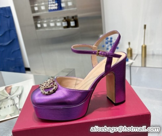 Sumptuous Valentino Vlogo Signature Platform Pumps 11cm with Strass in Laminated Nappa Leather Purple 0902069