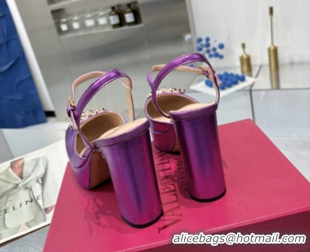 Sumptuous Valentino Vlogo Signature Platform Pumps 11cm with Strass in Laminated Nappa Leather Purple 0902069