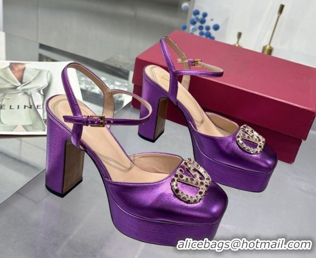 Sumptuous Valentino Vlogo Signature Platform Pumps 11cm with Strass in Laminated Nappa Leather Purple 0902069
