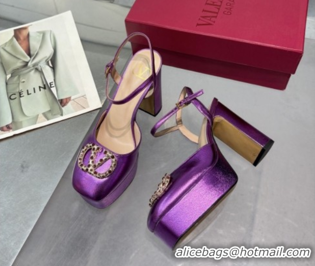 Sumptuous Valentino Vlogo Signature Platform Pumps 11cm with Strass in Laminated Nappa Leather Purple 0902069