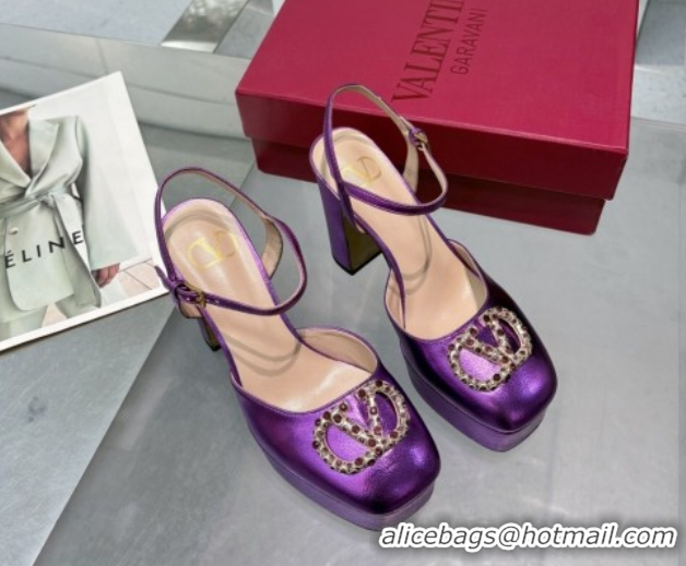 Sumptuous Valentino Vlogo Signature Platform Pumps 11cm with Strass in Laminated Nappa Leather Purple 0902069