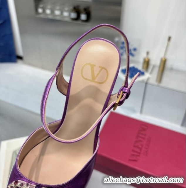 Sumptuous Valentino Vlogo Signature Platform Pumps 11cm with Strass in Laminated Nappa Leather Purple 0902069