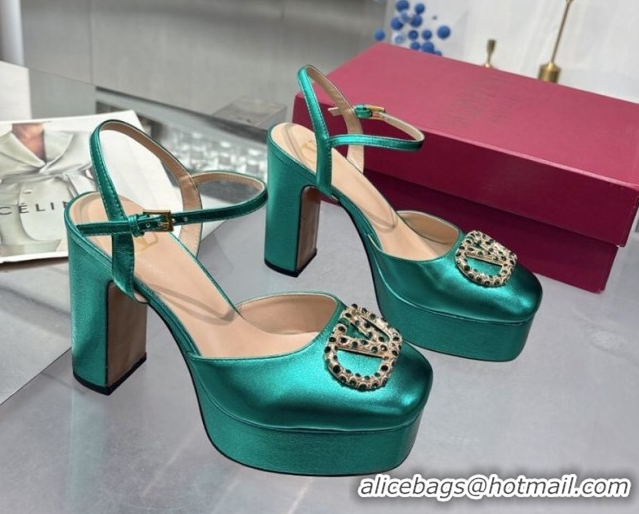 Buy Luxury Valentino Vlogo Signature Platform Pumps 11cm with Strass in Laminated Nappa Leather Green 0902070