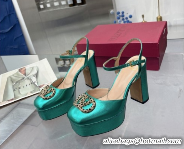Buy Luxury Valentino Vlogo Signature Platform Pumps 11cm with Strass in Laminated Nappa Leather Green 0902070